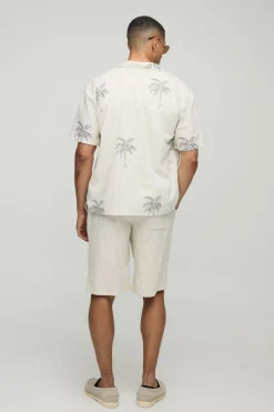 boohooMAN Chemise à manches courtes oversize en mélange de lin à imprimé palmier<Homme Chemises