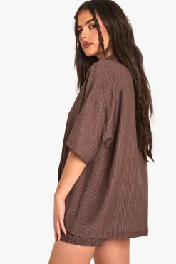 boohoo Chemise à manches courtes rayée texturée<Femme Looks Chocolat|Tops