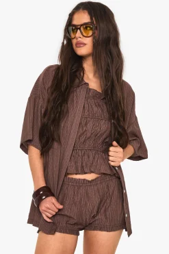 boohoo Chemise à manches courtes rayée texturée<Femme Looks Chocolat|Tops