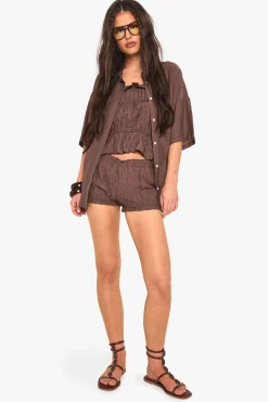 boohoo Chemise à manches courtes rayée texturée<Femme Looks Chocolat|Tops