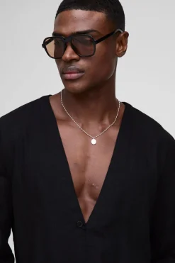 boohooMAN Chemise à manches longues, coupe régulière, sans col, en mélange de lin lourd<Homme Chemises