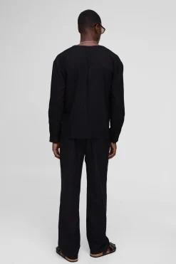 boohooMAN Chemise à manches longues, coupe régulière, sans col, en mélange de lin lourd<Homme Chemises