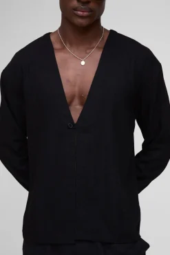boohooMAN Chemise à manches longues, coupe régulière, sans col, en mélange de lin lourd<Homme Chemises