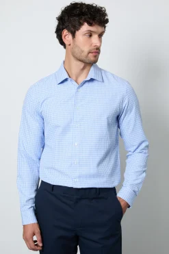 Chemise À Manches Longues Coupe Ajustée À Carreaux Vichy Bleu Clair