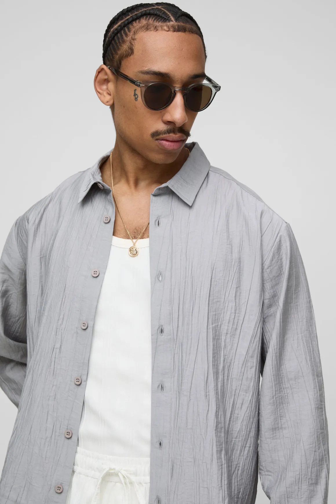 Chemise à manches longues en coton froissé coupe régulière