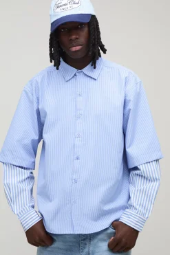 boohooMAN Chemise À Manches Longues Oversize À Rayures Effet Superposé<Homme Chemises