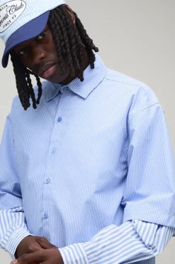 boohooMAN Chemise À Manches Longues Oversize À Rayures Effet Superposé<Homme Chemises