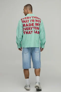 Chemise À Manches Longues Oversize À Rayures Avec Slogan Brodé