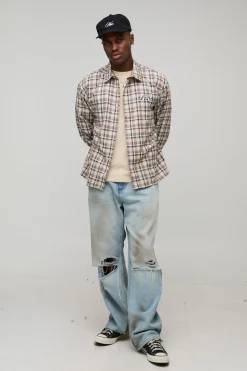 boohooMAN Chemise à manches longues surdimensionnée à imprimé moto et à carreaux<Homme Chemises