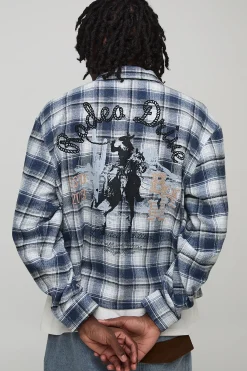 boohooMAN Chemise à manches longues surdimensionnée, à coupe carrée de style western, brodée et à carreaux<Homme Chemises Grande Taille|Chemises