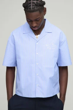 boohooMAN Chemise marine surdimensionnée à coupe boxy, rayures et col Revere<Homme Chemises