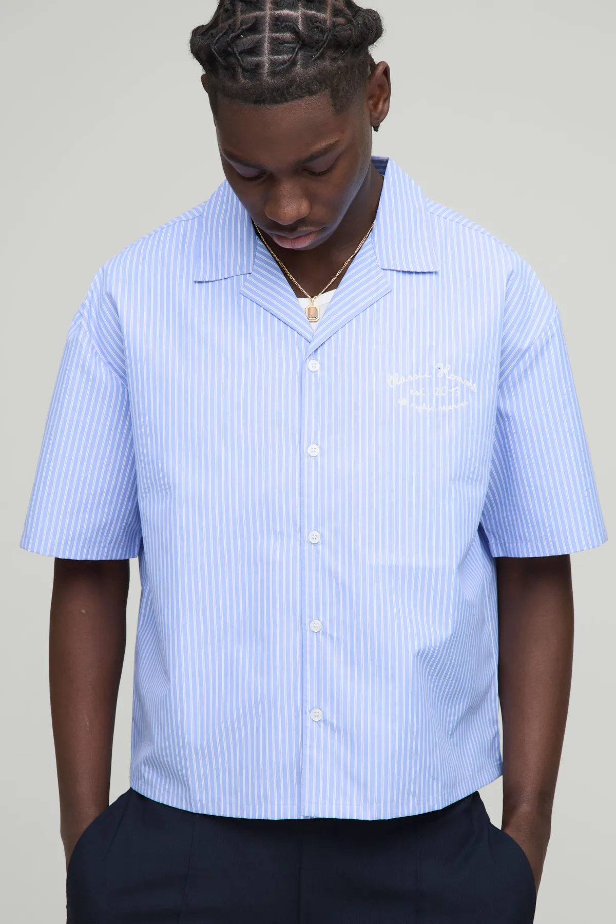 boohooMAN Chemise marine surdimensionnée à coupe boxy, rayures et col Revere<Homme Chemises