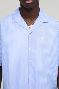 boohooMAN Chemise marine surdimensionnée à coupe boxy, rayures et col Revere<Homme Chemises
