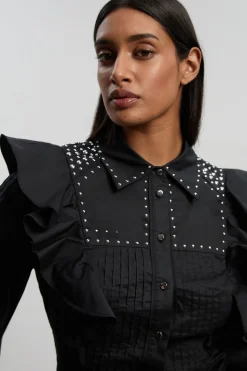 Chemise Maxi En Satin De Coton Tissé À Clous Avec Manches Dramatiques