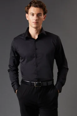 Chemise Noire Coupe Ajustée Manches Longues Facile à Repasser