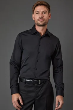 Chemise Noire Coupe Ajustée Manches Longues Repassage Facile