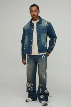boohooMAN Chemise overshirt en denim à broderies florales, coupe boxy<Homme Ensembles|Denim