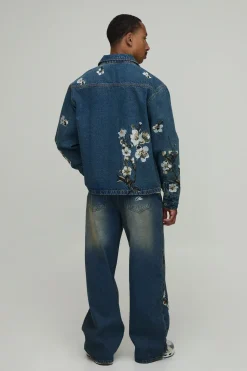 boohooMAN Chemise overshirt en denim à broderies florales, coupe boxy<Homme Ensembles|Denim