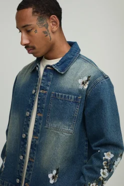 boohooMAN Chemise overshirt en denim à broderies florales, coupe boxy<Homme Ensembles|Denim