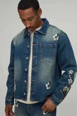 boohooMAN Chemise overshirt en denim à broderies florales, coupe boxy<Homme Ensembles|Denim