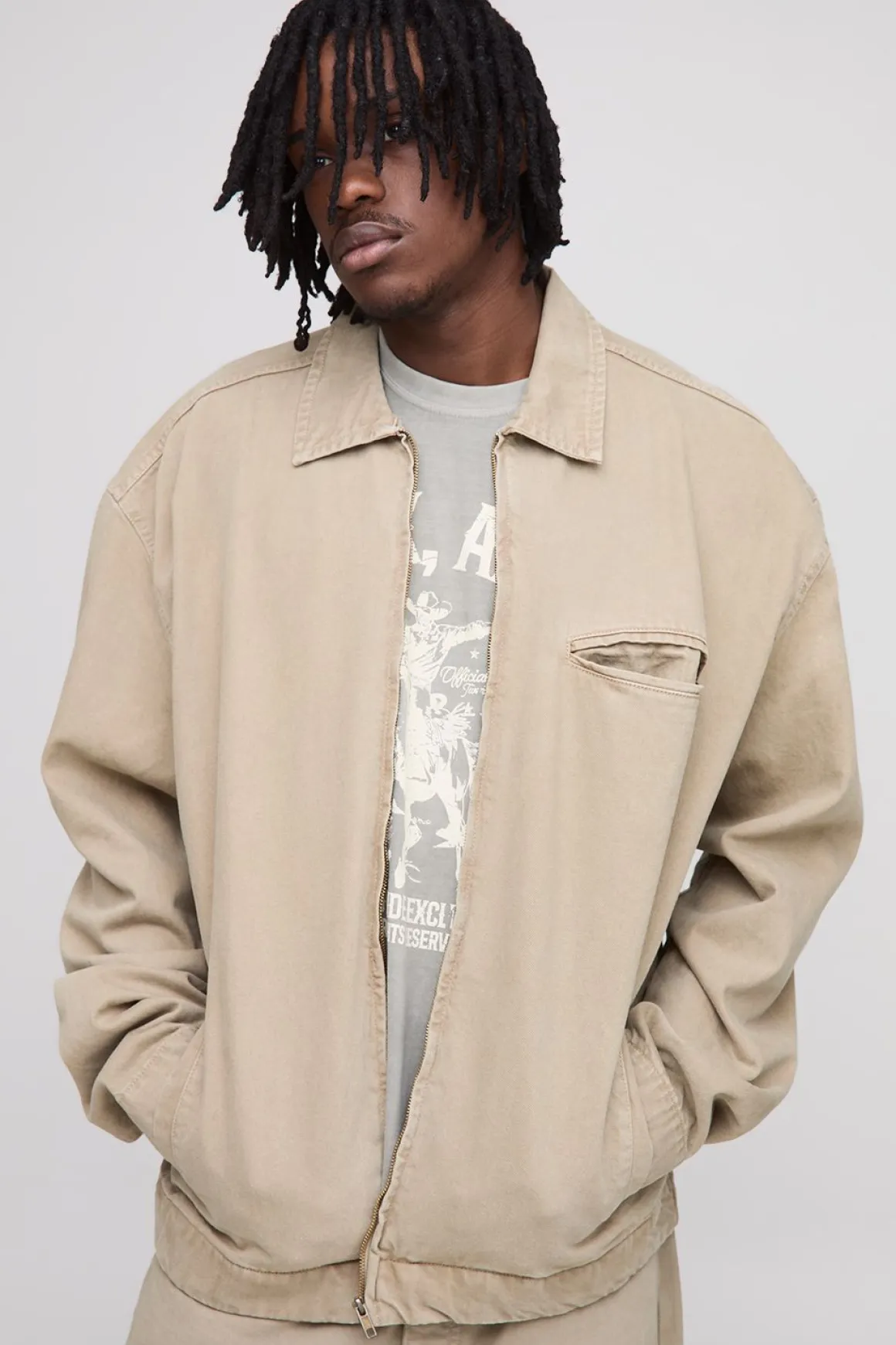 Chemise overshirt en denim lavé à fermeture éclair, version longue