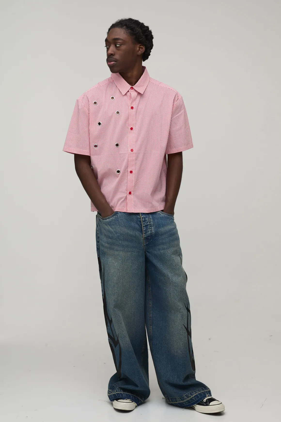 Chemise Oversize Ample À Carreaux Micro Avec Détails Œillets