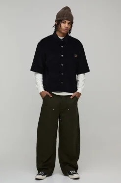 Chemise Oversize Boxy à Manches Courtes en Tissu Côtelé Tissé avec Patte
