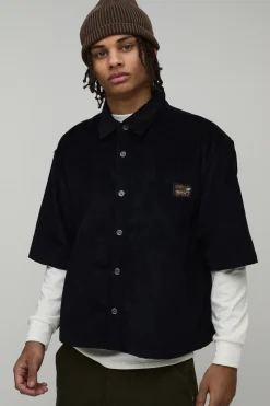 Chemise Oversize Boxy à Manches Courtes en Tissu Côtelé Tissé avec Patte