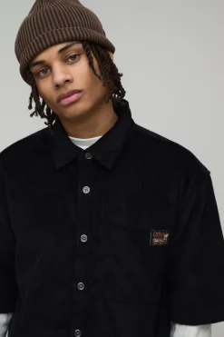Chemise Oversize Boxy à Manches Courtes en Tissu Côtelé Tissé avec Patte