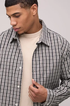 boohooMAN Chemise Oversize à Carreaux Micro et Ourlet Arrondi<Homme Chemises Grande Taille|Chemises