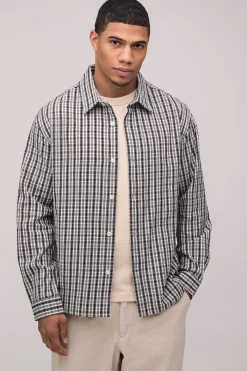 boohooMAN Chemise Oversize à Carreaux Micro et Ourlet Arrondi<Homme Chemises Grande Taille|Chemises