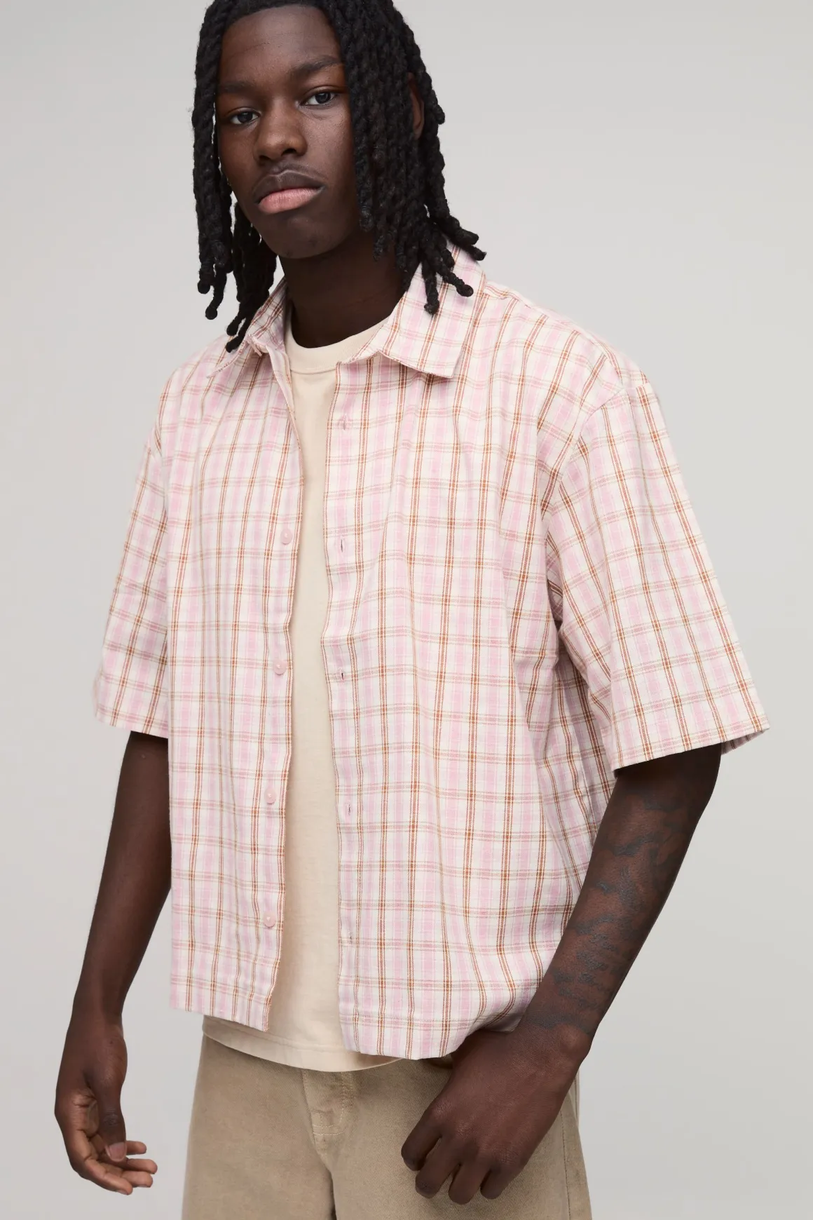 Chemise Oversize Coupe Boxy À Manches Courtes Imprimé Micro-carreaux Styliste