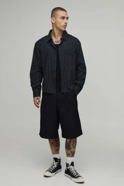 boohooMAN Chemise Oversize Coupe Boxy À Ourlet Courbe Avec Broderie B Et Rayures<Homme Chemises Grande Taille|Chemises
