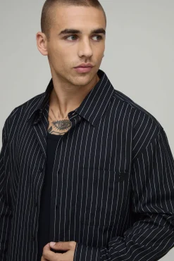 boohooMAN Chemise Oversize Coupe Boxy À Ourlet Courbe Avec Broderie B Et Rayures<Homme Chemises Grande Taille|Chemises