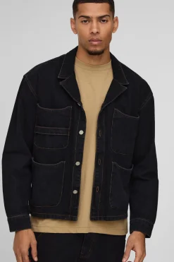 boohooMAN Chemise oversize en jean à poches charpentières<Homme Denim|Denim