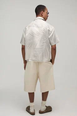 Chemise Oversize En Satin À Manches Courtes Imprimé Palmiers Ton Sur Ton