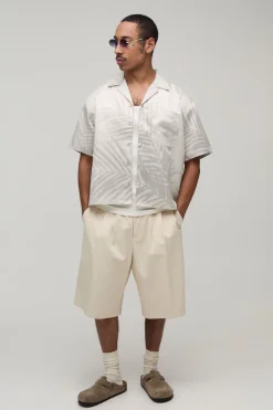 Chemise Oversize En Satin À Manches Courtes Imprimé Palmiers Ton Sur Ton