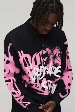 boohooMAN Chemise Oversize À Manches Longues Imprimé Graffiti Spray<Homme Chemises