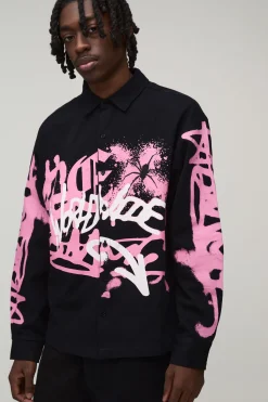 boohooMAN Chemise Oversize À Manches Longues Imprimé Graffiti Spray<Homme Chemises