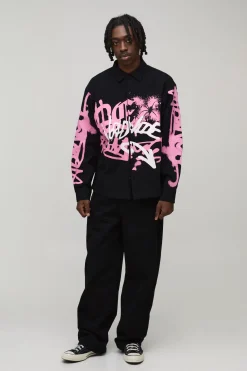boohooMAN Chemise Oversize À Manches Longues Imprimé Graffiti Spray<Homme Chemises