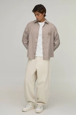 Chemise Oversize À Ourlet Courbe Avec Rayures Et Broderies