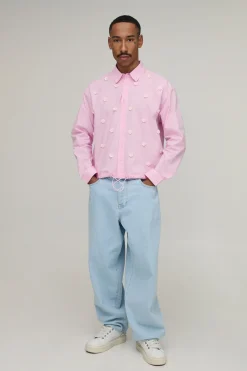 boohooMAN Chemise Oversize À Ourlet Élastique Avec Appliqué Floral<Homme Chemises