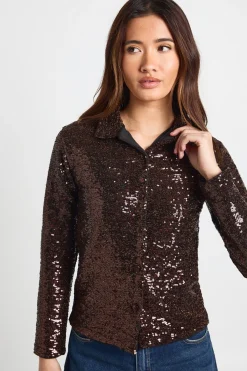 boohoo Chemise Oversize à Paillettes Boutonnée<Femme Looks Chocolat|Tops