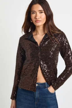 boohoo Chemise Oversize à Paillettes Boutonnée<Femme Looks Chocolat|Tops