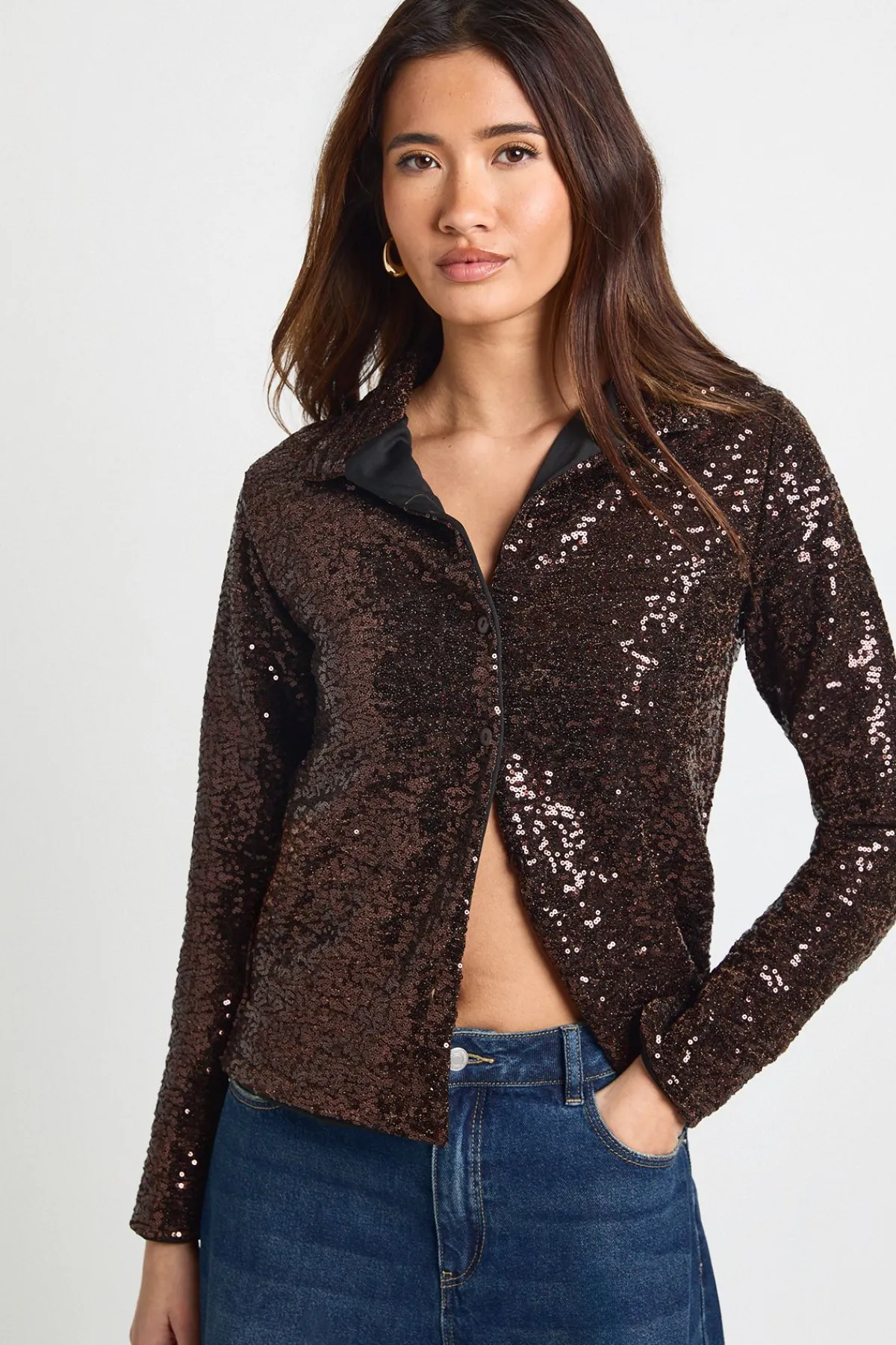 boohoo Chemise Oversize à Paillettes Boutonnée<Femme Looks Chocolat|Tops