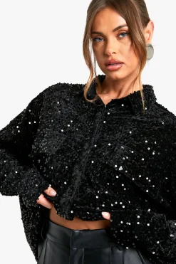 boohoo Chemise Oversize à Paillettes en Velours<Femme Tops