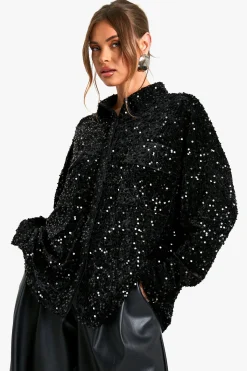 boohoo Chemise Oversize à Paillettes en Velours<Femme Tops