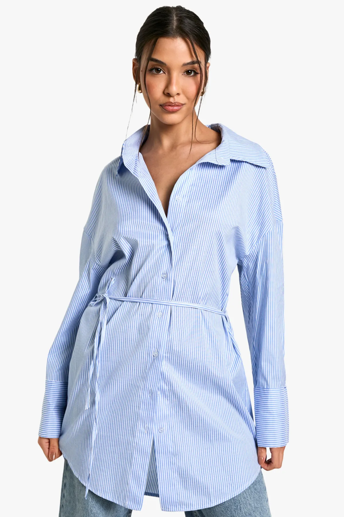 boohoo Chemise oversize à rayures fines avec détail de nœud<Femme Tops