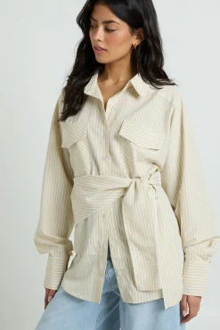 Chemise Oversize À Rayures Tissées Avec Lien À La Taille