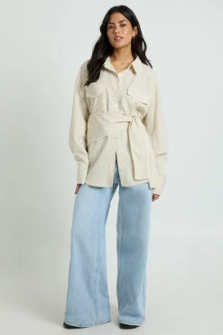 Chemise Oversize À Rayures Tissées Avec Lien À La Taille
